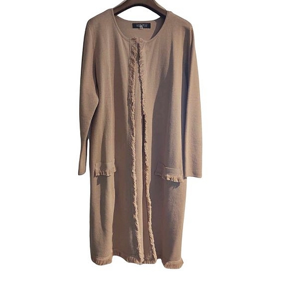 Tan Fringed Long Cardigan Sweater | Large - Picture 2 of 16
